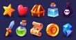 © YummyBuum - Cartoon game icons. Inventory items for gui of rpg, mobile app elements, magic potion bottles, gem stone, treasure chest and map, sward and heart. Slot symbols. Tidy vector set