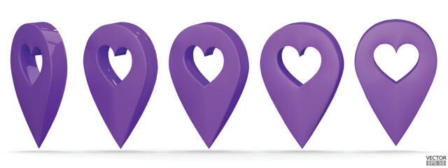 Wall Mural - Set of map pointer on heart shape isolated on white background. Purple location pin or navigation. 3D Locator mark of map pointer, symbol, position.