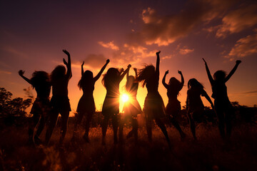 A large gathering of individuals celebrating triumph on a beach field. The backdrop boasts serene lakes and majestic beach area illuminated by the setting sun. Generative AI.