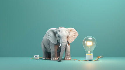 Cute little elephant and light bulb showing ideas, concepts, creativity, minimalist watercolor style. Generative ai