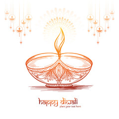 Wall Mural - Diwali diya sketch festival of light lamp holiday card background