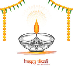 Wall Mural - Diwali diya sketch festival of light lamp holiday card background