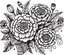 Doodle Flower Bouquet Of Line Art, Lovely Design.
Easy Sketch Art Of Marigold Flower, Line Art Bouquets Of Floral Hand Drawn Illustration, Doodle Zentangle, Tattooing Drawing Coloring Page