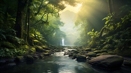 Wall Mural - amazon rainforest with tropical vegetation, a creek runs through a mysterious jungle, a mountain stream in a lush green valley