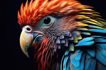 Canvas Print - A close up photograph of a vibrant and colorful bird with a black background. This image can be used to add a pop of color and nature to any project