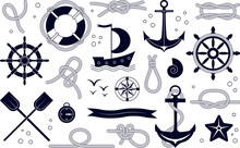 Nautical Elements And Icons. Marine Decorative Set, Anchor, Lifebuoy And Jacht. Isolated Sea Ship Knots And Paddle, Sailboat Wheel Decent Vector Clipart