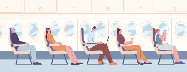 Wall Mural - Airline passengers flying on board. Traveler flight, people in business class work, using smartphone and sleep. Person transportation, kicky vector scene