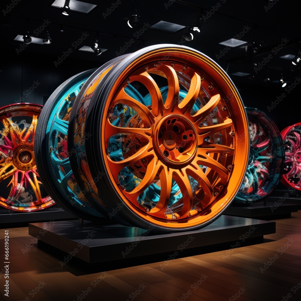 Car rims in the display case and asphalt background are neatly arranged ...