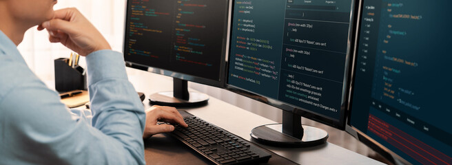 Wall Mural - software engineer working on application development on his computer display code and script on moni