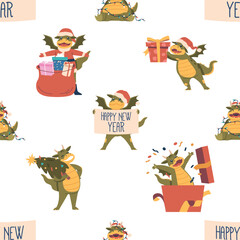 Wall Mural - Seamless Pattern Featuring Adorable Christmas Dragons In Festive Attire, Spreading 2024 New Year Cheer, Vector Tile