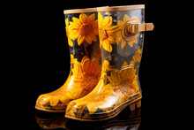Pair Of Rubber Boots With Yellow Flowers On A Black Background.