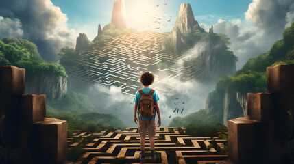 Child is facing a surreal complicated labyrinth ahead of him, concept of a life path