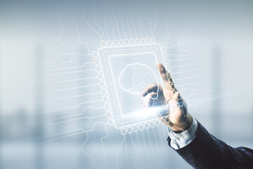 Wall Mural - man hand clicks on virtual creative artificial intelligence hologram with human brain sketch on blur