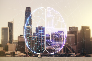Wall Mural - double exposure of creative human brain microcircuit hologram on san francisco office buildings back
