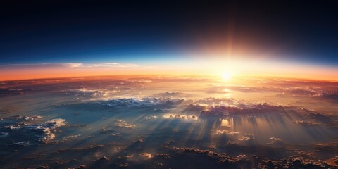 Wall Mural - panoramic view on planet earth globe from space. glowing city lights, light clouds. generative ai