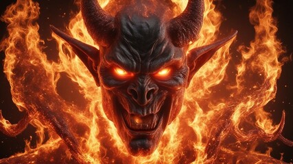 Wall Mural - fire in the dark, evil face horned demon burning