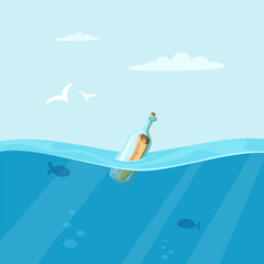 Sticker - Bottle in sea. Outdoor background with open sea space. Vector marine landscape