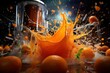 an orange splashing over the top of a pile of oranges