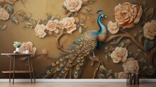 Elegant Golden Floral And Peacock Design On Leather