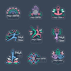 Canvas Print - Yoga center. Badges templates for yoga studio recent vector spiritual or fitness classes symbols