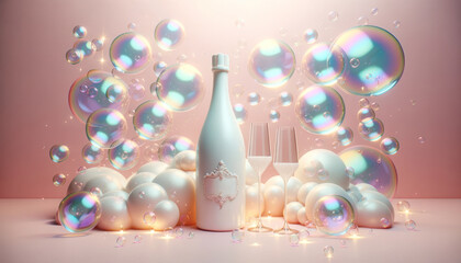 Champagne bottle and two glasses on pastel background with gradient and colorful soap bubbles. Copy space layout for text, letters, invitation card. Christmas party celebration 2024 happy new year.