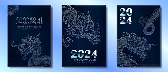 Collection of Holiday posters with hand drawn Asian dragon for 2024 Lunar New Year. Dragon as Chinese traditional horoscope sign on blue gradient background. Minimalist A4 greeting card  for Christmas