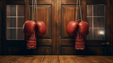 Sticker - A pair of boxing gloves hanging on a wooden wall inside a gym.