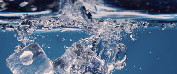 Wall Mural - Water splashing and ice cube. Ice splashing into a glass of water. Underwater pouring ice cubes falling into clear watering background. Refreshing chill drinking. Ices in a glass with blue background