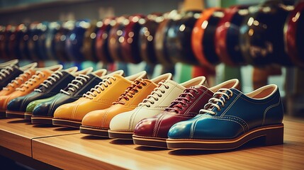 Wall Mural - Bowling shoes in different sizes lined up near the lanes.