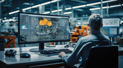 Poster - Engineers work with CAD design imagery in car factory, Monitoring, Control, Equipment Design.
