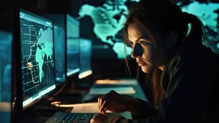 Fototapete - Woman and computer in dark room for virtual malware hacking, Cybersecurity, Attacking the internet with multiple monitor.