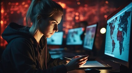 Fototapete - Woman and computer in dark room for virtual malware hacking, Cybersecurity, Attacking the internet with multiple monitor.