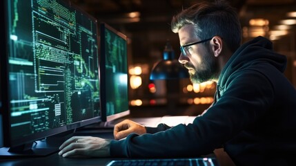 Fototapete - Young man IT programmer checking the network status on computer screen with cyber security hologram, Analytics and working at night, Technology, Developer .
