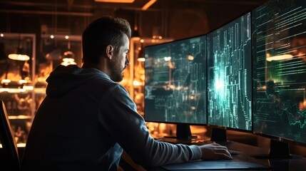 Fototapete - Young man IT programmer checking the network status on computer screen with cyber security hologram, Analytics and working at night, Technology, Developer .