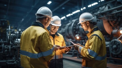 Aufkleber - Group of Heavy Industry Engineers Use Digital Tablet inspects and planning in Pipe Manufacturing Factory, Large Pipe Assembly, Design and Construction of Oil, Gas and Fuels Transport Pipeline.