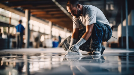 Aufkleber - Construction worker is laying cement on a floor at building site.