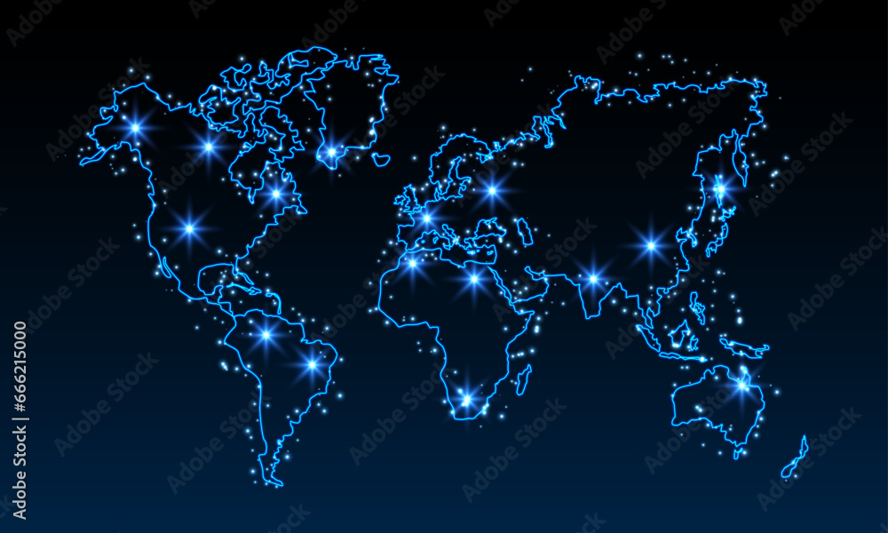Vector world map illustration with glowing points and lines. Neon world ...