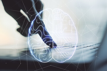Wall Mural - double exposure of creative human brain microcircuit with hand typing on computer keyboard on backgr