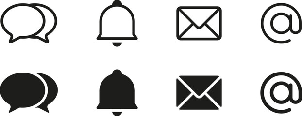 Leinwandbilder - Chat speech bubble icon. Email message, envelope icon. Stopwatch timer icon. Mail address at icon - Contact us web icons set