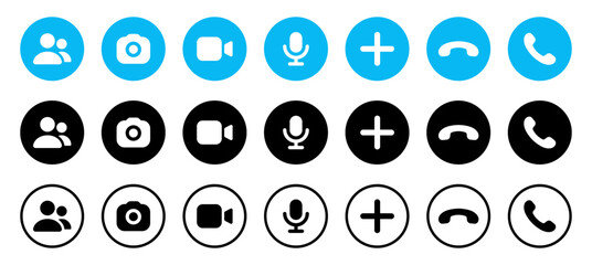 Leinwandbilder - Camera video icon. Phone call icon answer, accept and decline call icons. Create new icon. Microphone icon. People group icon - Web icons set