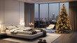 habitación moderna con árbol de navidad y gran ventanal con vistas al sky line de la ciudad