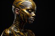 A futuristic female model with striking gold body paint, epitomizing beauty.