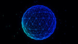 Fototapeta Przestrzenne - Abstract blue sphere on black background. Wireframe circle structure with glowing particles and lines. Futuristic digital illustration. 3D rendering.