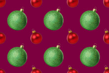 Green Red Christmas Baubles Isolated Magenta Background New Year Decorations Balls Seamless Photo Pattern Winter Holiday Concept Xmas Template Festive Gradient Snowflakes Winter Mood December Joy Cool