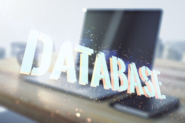 Wall Mural - double exposure of creative database word hologram and modern desktop with laptop on background, res