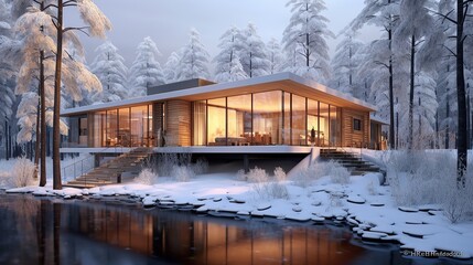 Modern new luxury residential building at winter forest. Snow. Private rich property