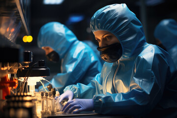 Wall Mural - A scientist working in a laboratory wearing protective gear, following strict laboratory hygiene protocols. Concept of laboratory safety. Generative Ai.