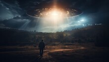 Man Standing In Front Of An Alien Spaceship Flying In The Night Sky 