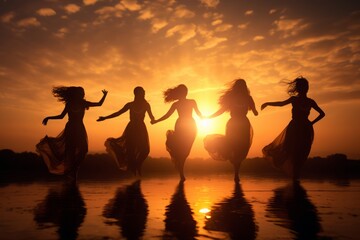 silhouettes of several women dancing a ritual traditional spiritual dance for fun into the sunset, orange sunlight