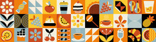 Bauhaus Floral Pattern. Mosaic Style. Simple Geometric Shapes. Textile Background With Autumn Fruits, Flowers And Cakes